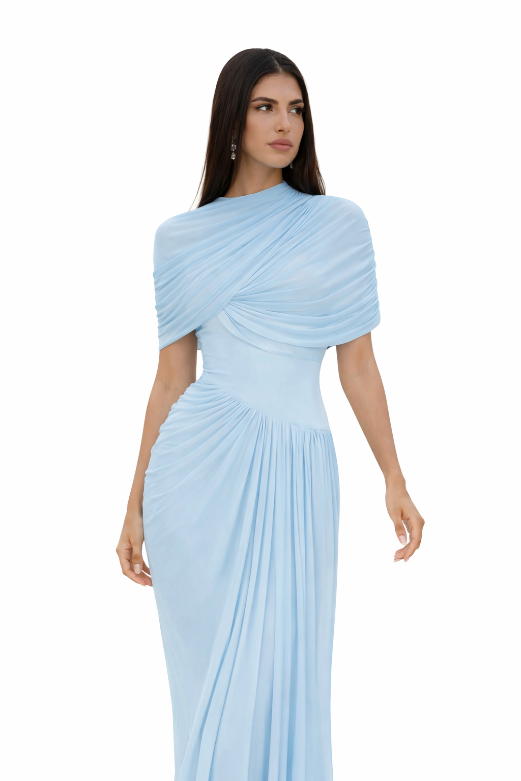 Robe longue élégante drapée bleu ciel-SELNESS
