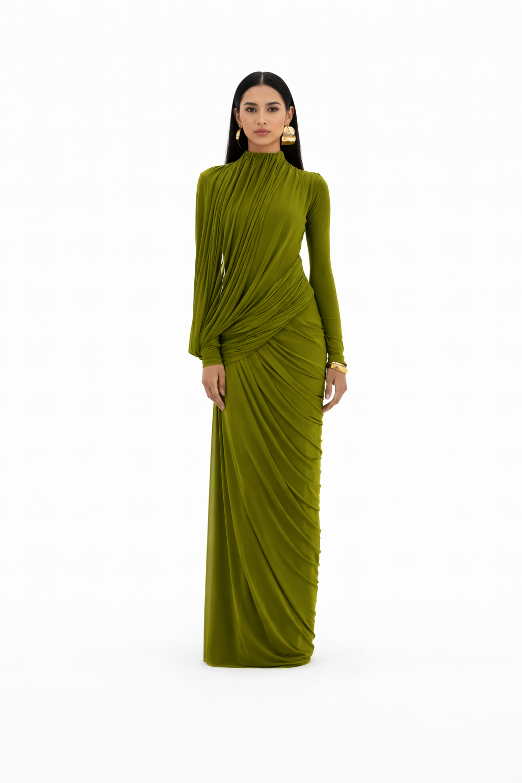 Robe longue drapée élégante vert olive- SELNESS