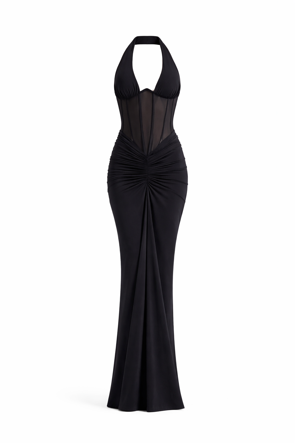 Robe longue noire élégante corset drapé- SELNESS
